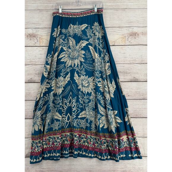 Natural Life Floral BOHO Maxi Skirt Womens Medium Blue Tan Tassled Drawstring - Picture 2 of 10